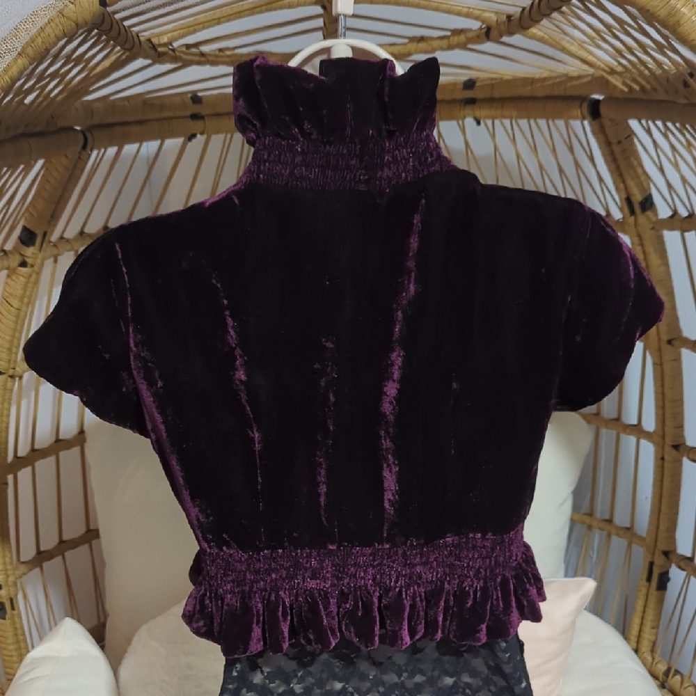 💜 Whimsigoth Ruffled Merlot Bolero Jacket - Picture 3 of 10